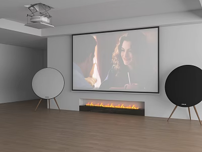 Modern Projection Monitoring Setup With Large Screen Projector Speakers And Flame Effect Fireplace 3d model