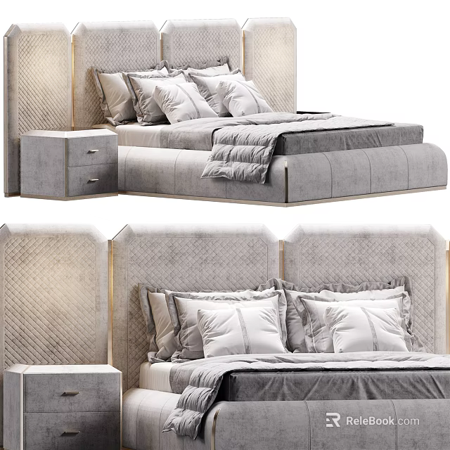 Elegant Modern Double Bed With Tufted Headboard Plush Pillows Gray Quilt And Nightstand 3d model 