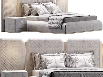 Elegant Modern Double Bed With Tufted Headboard Plush Pillows Gray Quilt And Nightstand 3d model