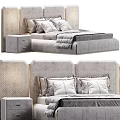 Elegant Modern Double Bed With Tufted Headboard Plush Pillows Gray Quilt And Nightstand