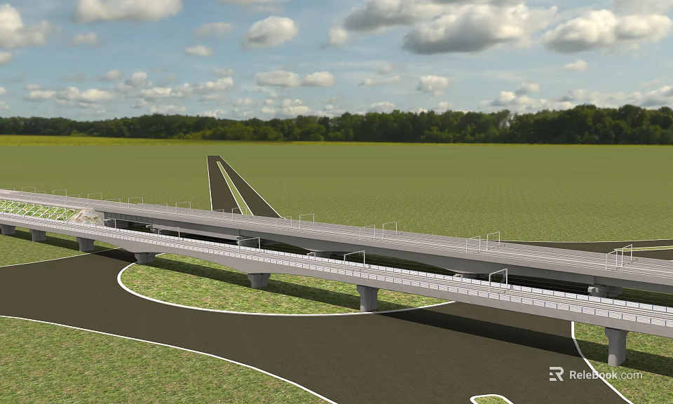 Scenic Highway Bridge Over Green Field With Multi Lane Road And Tree Background 3d model 