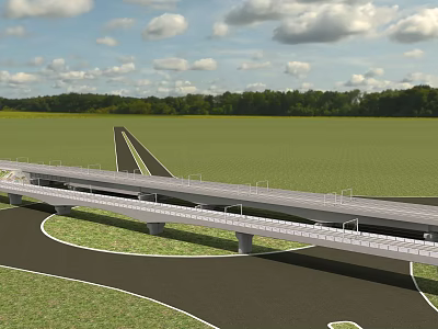 Scenic Highway Bridge Over Green Field With Multi Lane Road And Tree Background 3d model