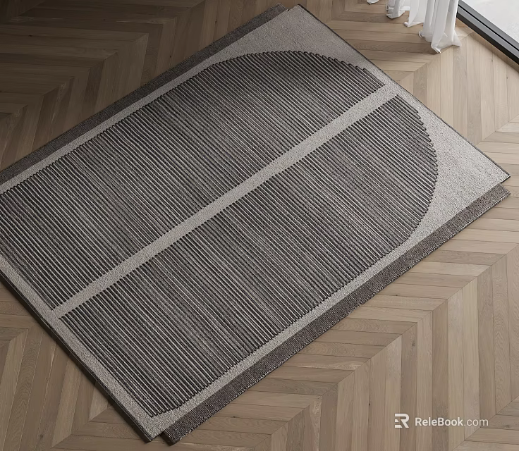 Modern Square Rug With Gray Beige Geometric Striped Pattern On Wooden Floor 3d model