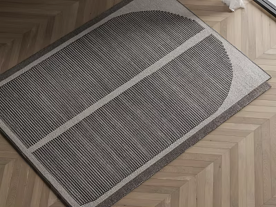 Modern Square Rug With Gray Beige Geometric Striped Pattern On Wooden Floor 3d model