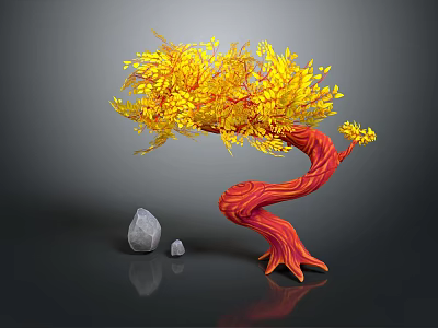 Cartoon Scene Featuring Colorful Tree With Yellow Leaves Red Trunk And Stones 3d model