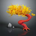 Cartoon Scene Featuring Colorful Tree With Yellow Leaves Red Trunk And Stones