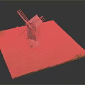 Detailed Windmill Model With Wooden Structure On Green Grass And Stone Foundation