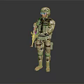 Military Soldier In Camouflage Uniform Holding Rifle Against Gray Background