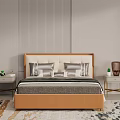 Modern Double Bed with Beige Headboard Pillows Side Tables and Striped Wall 3d model