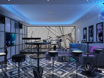 Modern KTV Interior Design With Blue Lighting Geometric Pattern Floor Sofa And Bar Counter 3d model