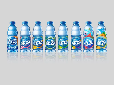 Assorted Mizone Flavored Bottled Drinks With Blue Bottles And Colorful Labels 3d model