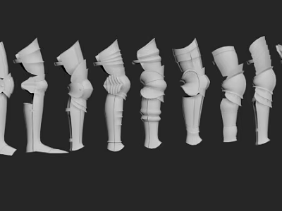 Multiple White Ancient Armor Leg Components in Different Styles Arranged On Black Background 3d model