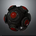Black Sphere Weapon with Red Circular Components and Metallic Design Features 3d model