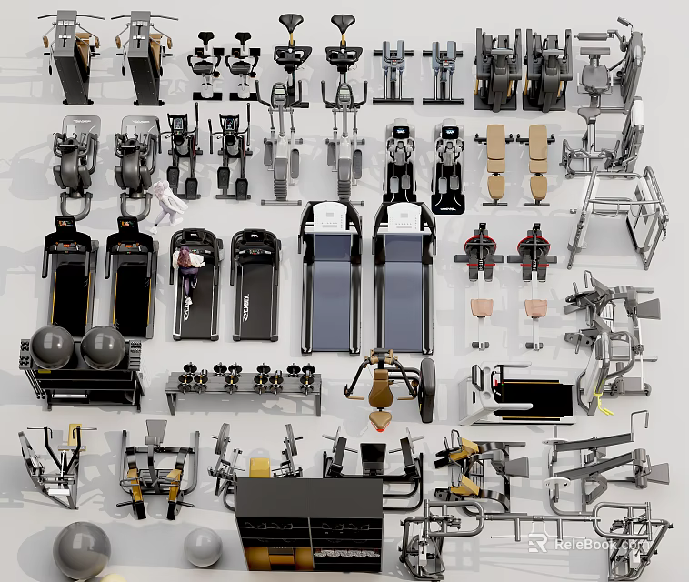 Diverse Sports Equipment Collection Including Treadmills Dumbbells Barbells And Fitness Machines 3d model 