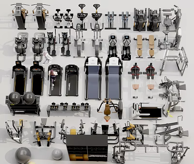 Diverse Sports Equipment Collection Including Treadmills Dumbbells Barbells And Fitness Machines 3d model