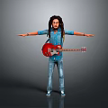 Woman With Dreadlocks In Blue Denim Shirt Jeans Holding Red Guitar Arms Outstretched Gray Background