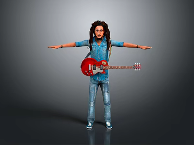 Woman With Dreadlocks In Blue Denim Shirt Jeans Holding Red Guitar Arms Outstretched Gray Background 3d model