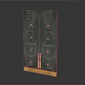 Decorative Dark Colored Double Door Cabinet With Gold Accents Circular Square Patterns Handles And Base