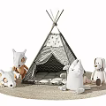 Kids Tepee Tent With Striped Pattern And Stuffed Animal Toys On Play Mat