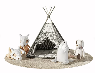 Kids Tepee Tent With Striped Pattern And Stuffed Animal Toys On Play Mat 3d model