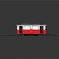 Red and White Vintage Tram Exterior with Black Roof Windows on Tracks
