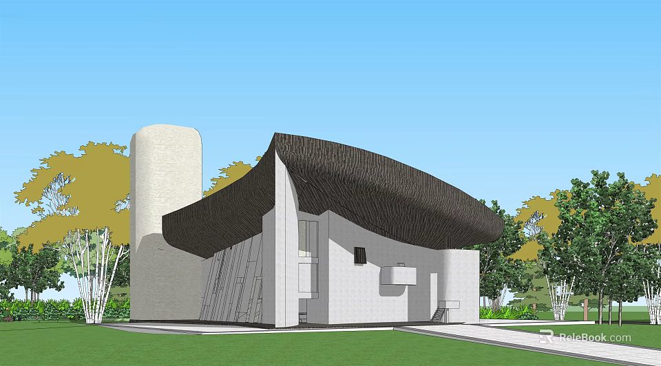 Ancient Architecture Featuring Unique Curved Roof and Cylindrical Tower with Green Lawn and Blue Sky 3d model 