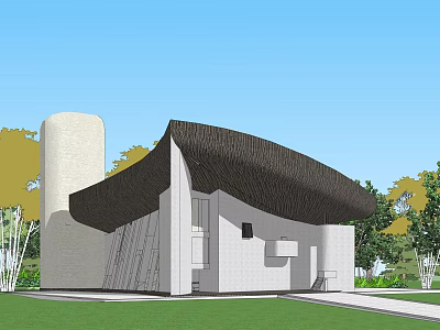 Ancient Architecture Featuring Unique Curved Roof and Cylindrical Tower with Green Lawn and Blue Sky 3d model