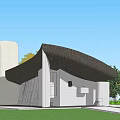 Ancient Architecture Featuring Unique Curved Roof and Cylindrical Tower with Green Lawn and Blue Sky