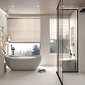 Modern Elegant Grey Marble Bathroom With Freestanding Tub And Glass Shower Enclosure Featuring Natural Lighting