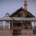 Cartoon Scene Charming Brick House With Wooden Frame Chimney Porch And Stairs