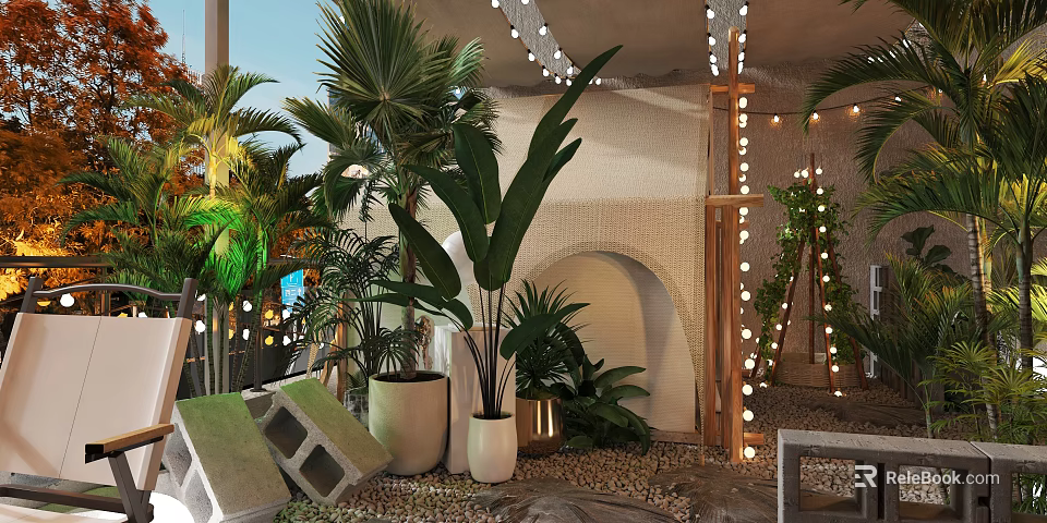 Tropical Outdoor Bar With String Lights Large Leaf Plants And Arched Design 3d model