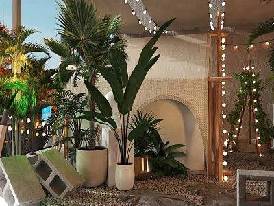 Tropical Outdoor Bar With String Lights Large Leaf Plants And Arched Design 3d model