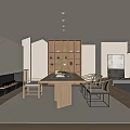 Modern Tea Room Interior With Wooden Long Table Bookshelf Fireplace And Natural Light