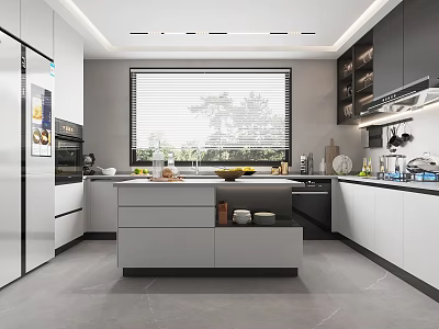 Modern Kitchen Interior With White Island Countertop Dark Cabinets And Large Window 3d model