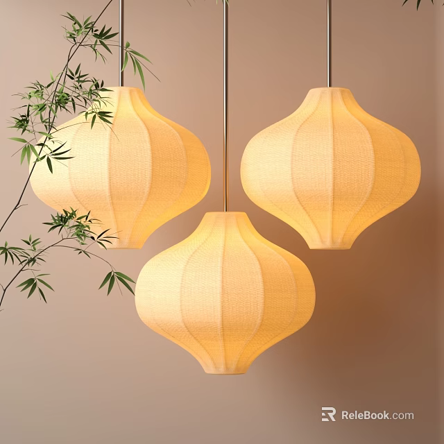 Elegant Warm Yellow Fabric Lanterns Hanging With Bamboo Leaves And Soft Glow 3d model 