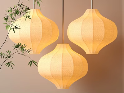 Elegant Warm Yellow Fabric Lanterns Hanging With Bamboo Leaves And Soft Glow 3d model