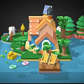 Cartoon Scene With Blue House Solar Panel Roof Green Trees Bunny Rabbits And Yellow Duck