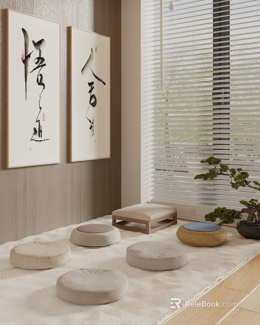Zen Style Room Interior With Calligraphy Artworks Window Blinds Round Cushions And Potted Plant 3d model 