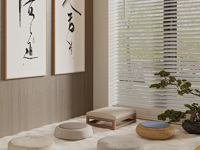 Zen Style Room Interior With Calligraphy Artworks Window Blinds Round Cushions And Potted Plant 3d model