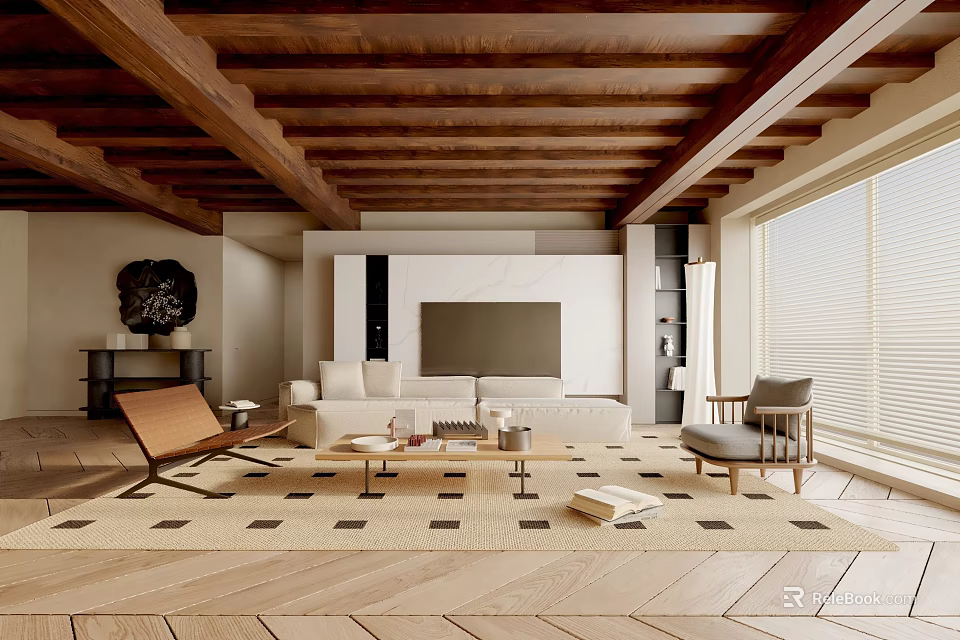 Warm Living Room With Wooden Beamed Ceiling White TV Wall Beige Sofa And Geometric Rug 3d model 