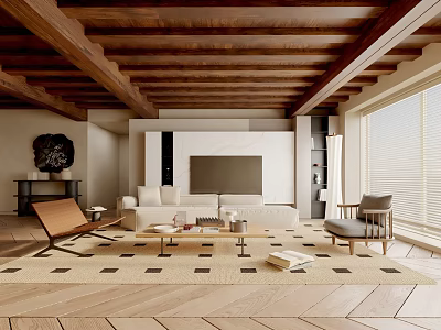 Warm Living Room With Wooden Beamed Ceiling White TV Wall Beige Sofa And Geometric Rug 3d model