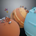 Vibrant Alien Plants Thriving On Colorful Planets With Tiny Structures And Vehicles 3d model