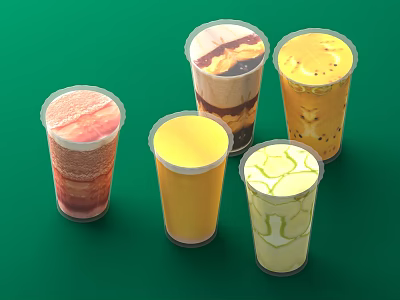 Transparent Plastic Drink Cups With Layered Colors And Toppings On Green Background 3d model