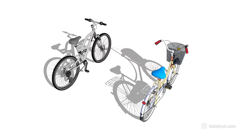 Stylish Bicycles With Basket Blue Seat White Yellow Frames And Shadows 3d model 