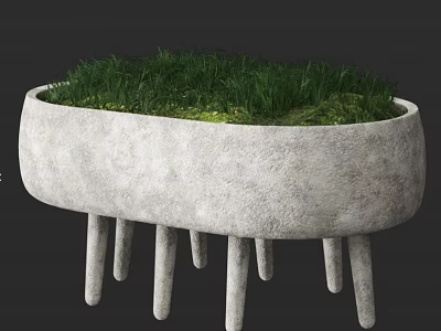 Concrete Garden Ornament With Oval Planter And Multiple Thin Legs Growing Green Grass 3d model