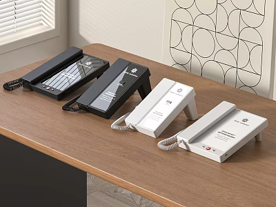 Four Modern Digital Telephones in Black and White on Wooden Office Table 3d model