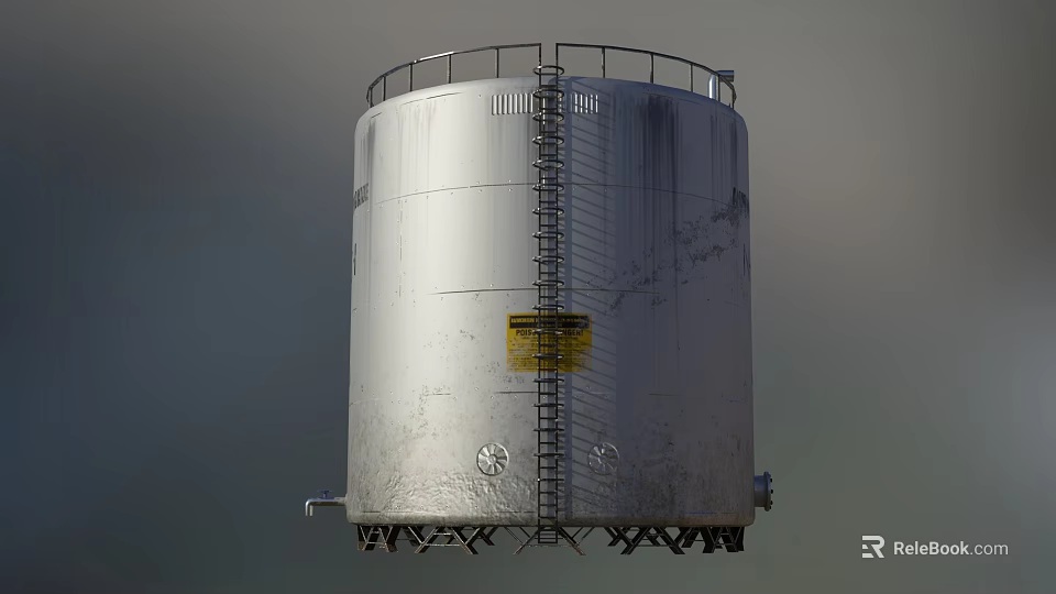 Silver Industrial Storage Tank With Ladder Top Railing Base Supports And Yellow Warning Label 3d model 