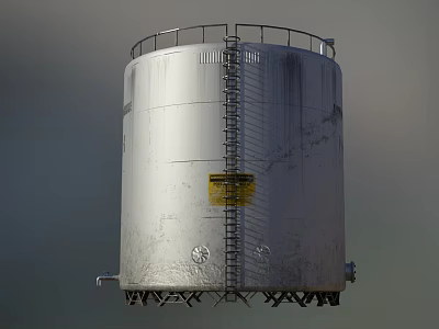 Silver Industrial Storage Tank With Ladder Top Railing Base Supports And Yellow Warning Label 3d model