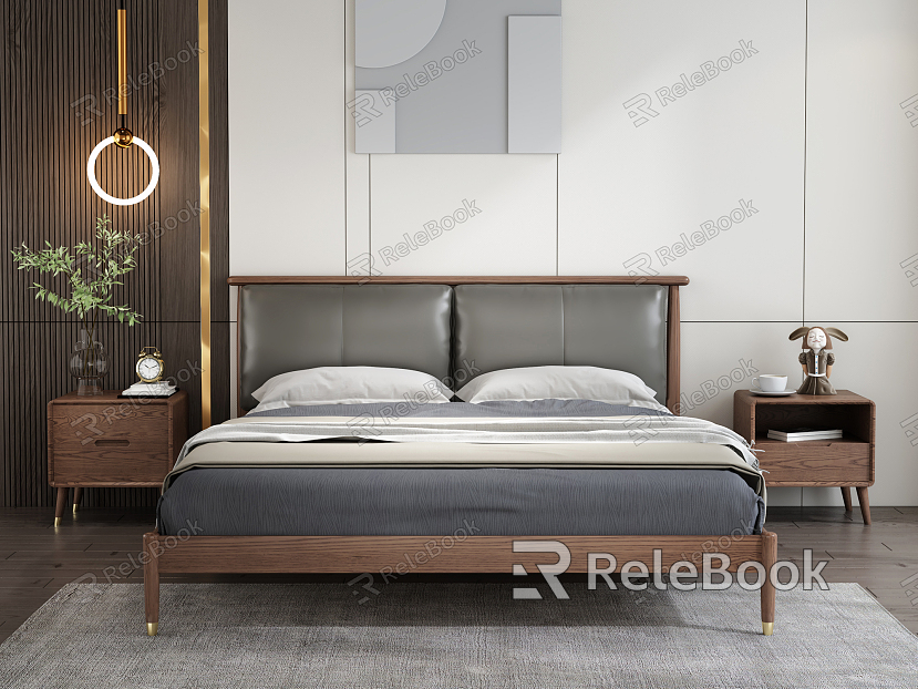 Modern Background Double Bed Simple Space Solid Wood Leather Double Bed Bedside Table model