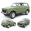 Vintage Green Off Road Vehicle With Rugged Design And Large Tires Showcased In Multiple Angles